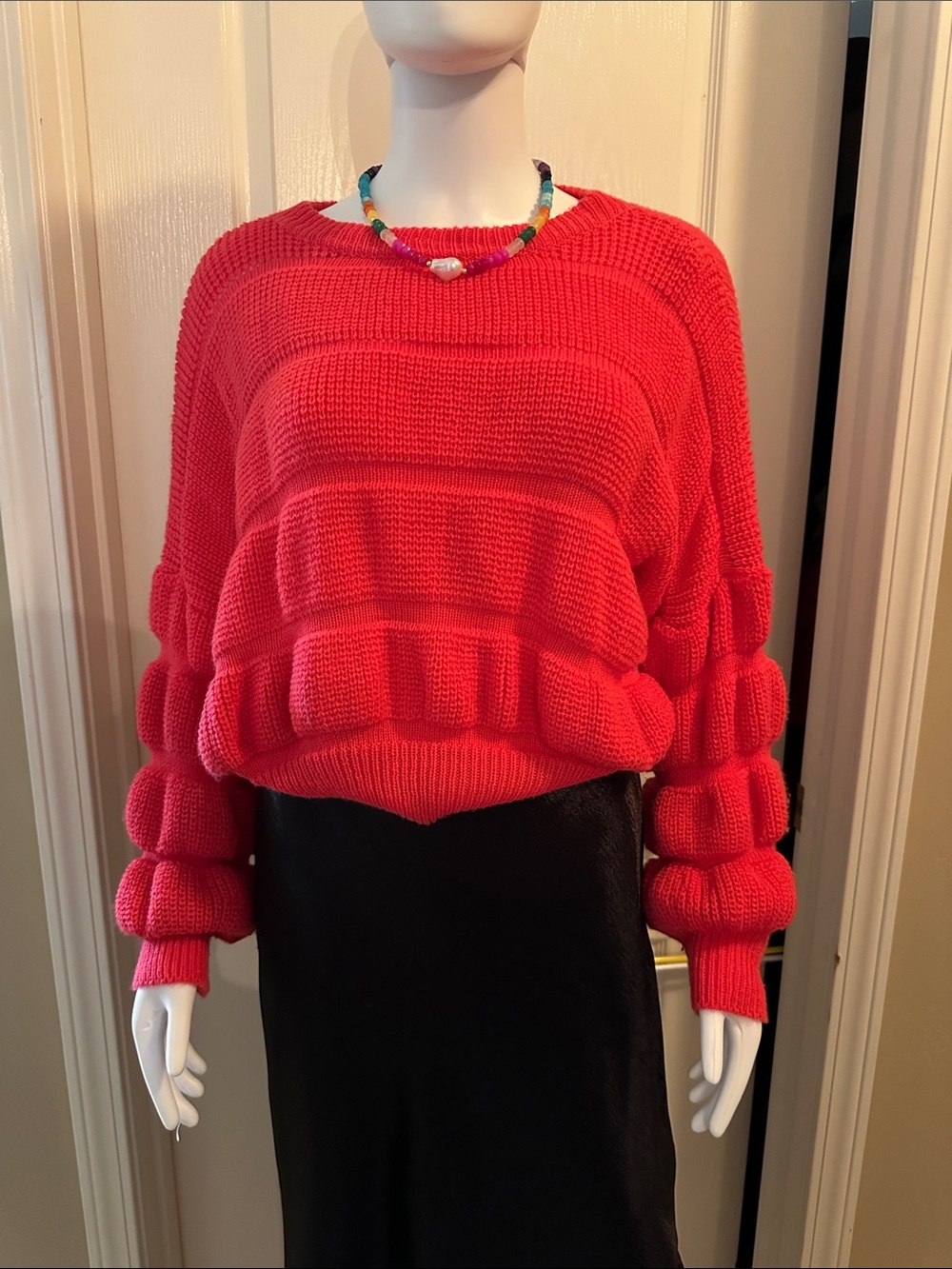Women's Bright Pink Bubble Sleeve Crewneck Sweater